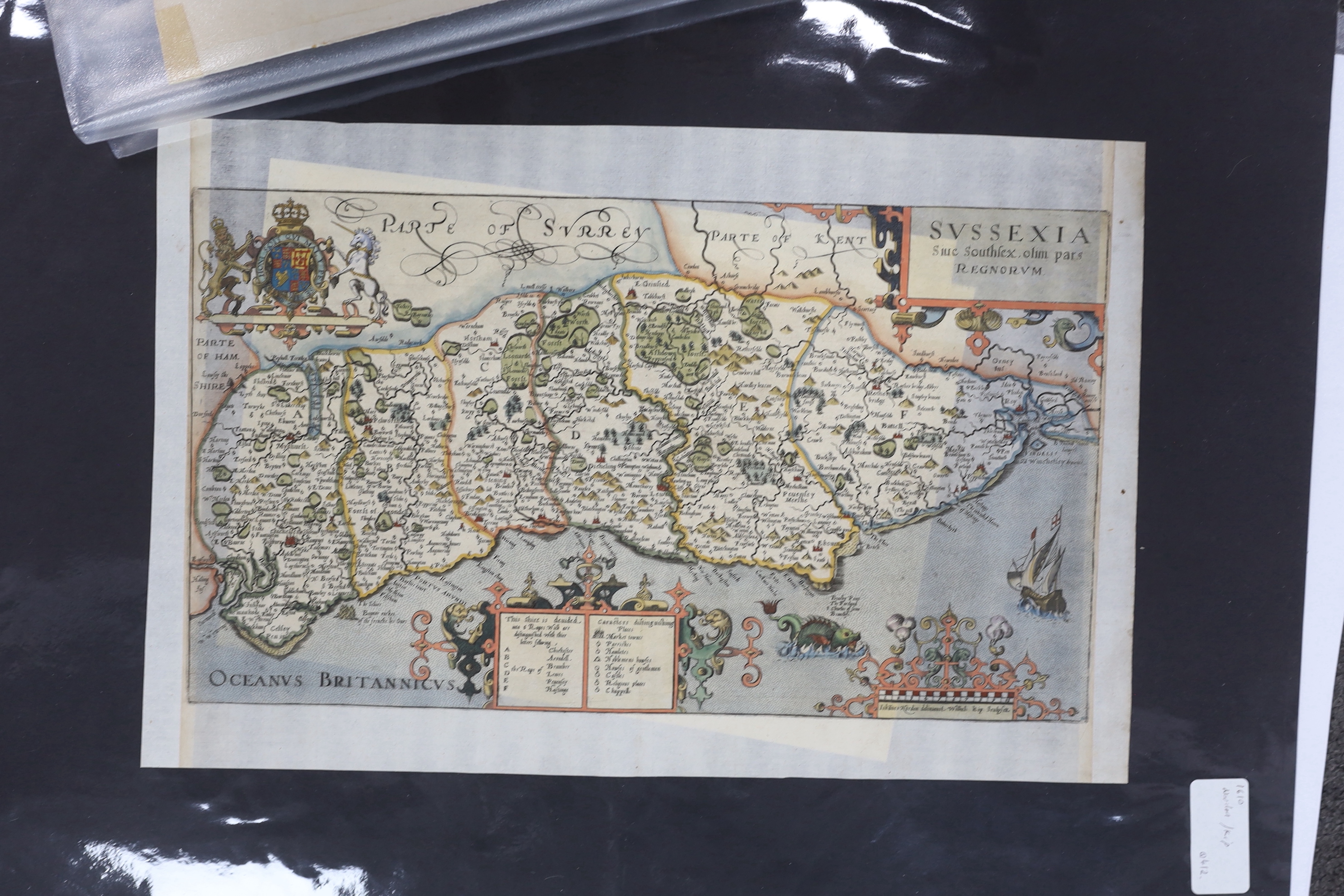 Four unframed 17th century maps of Sussex; two by Robert Morden, 39 x 43cm and 37 x 43cm, Norden & Kip 28 x 42cm, and Valk & Schenk, 49 x 59cm